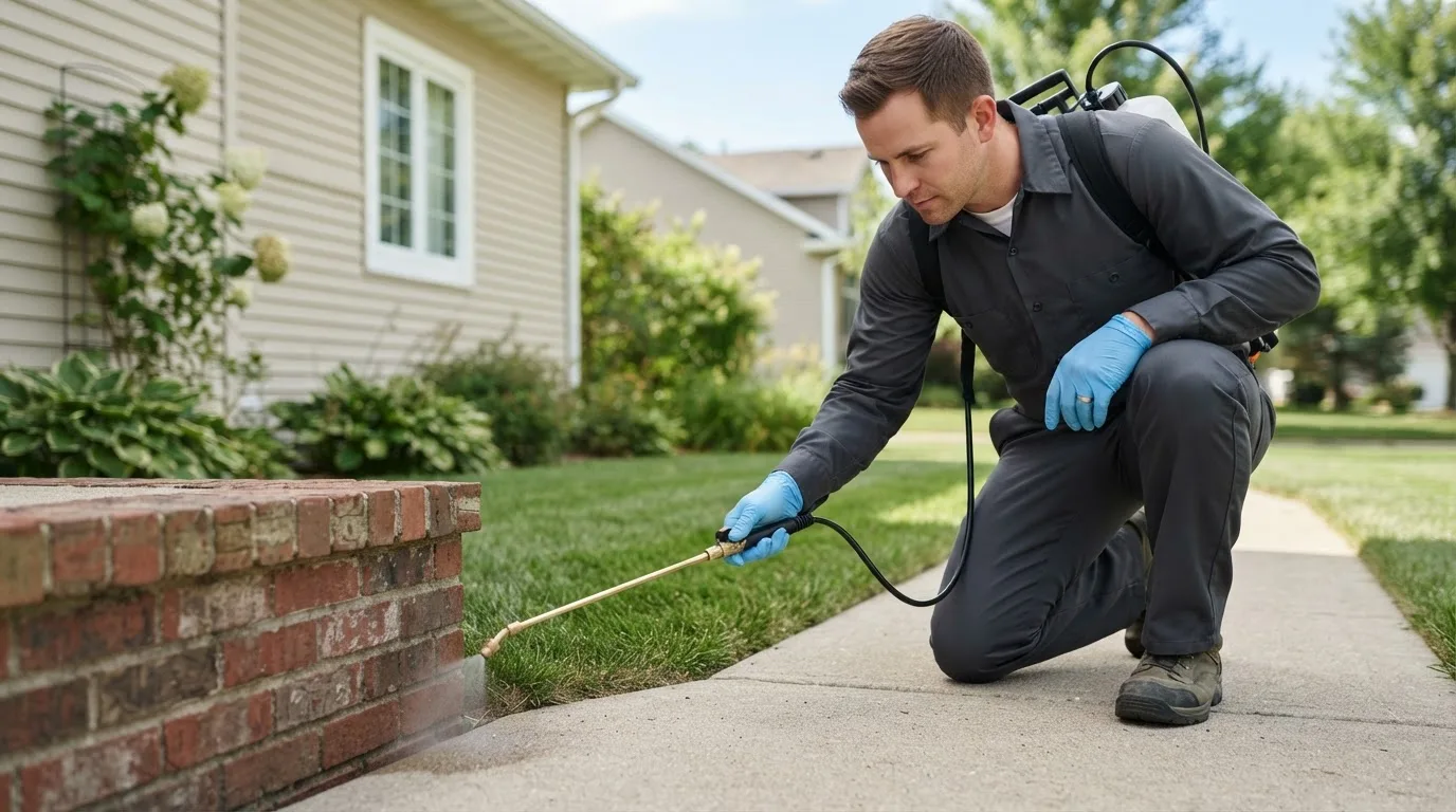 Pest control technician treating a home near Warrensburg, MO