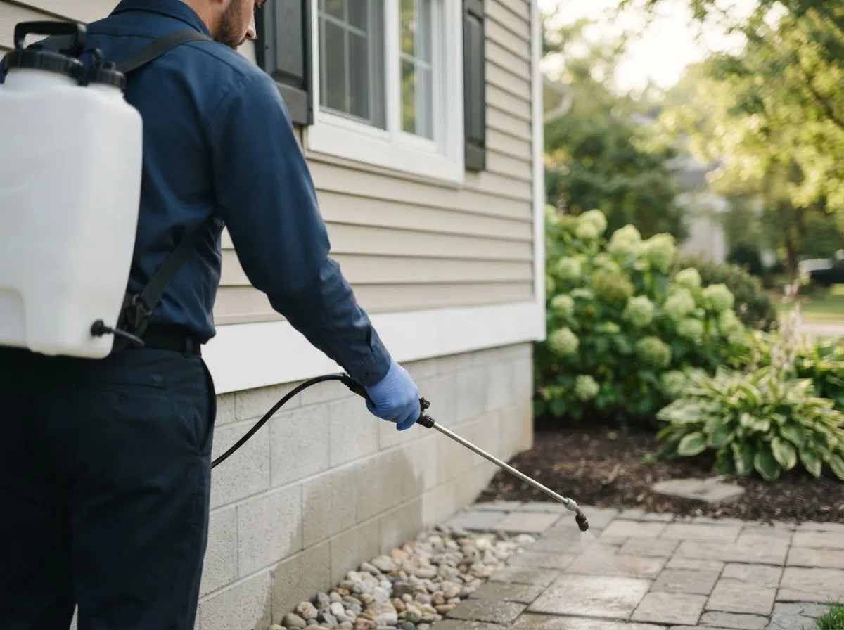 Pest control technician inspecting a home in Warrensburg, MO